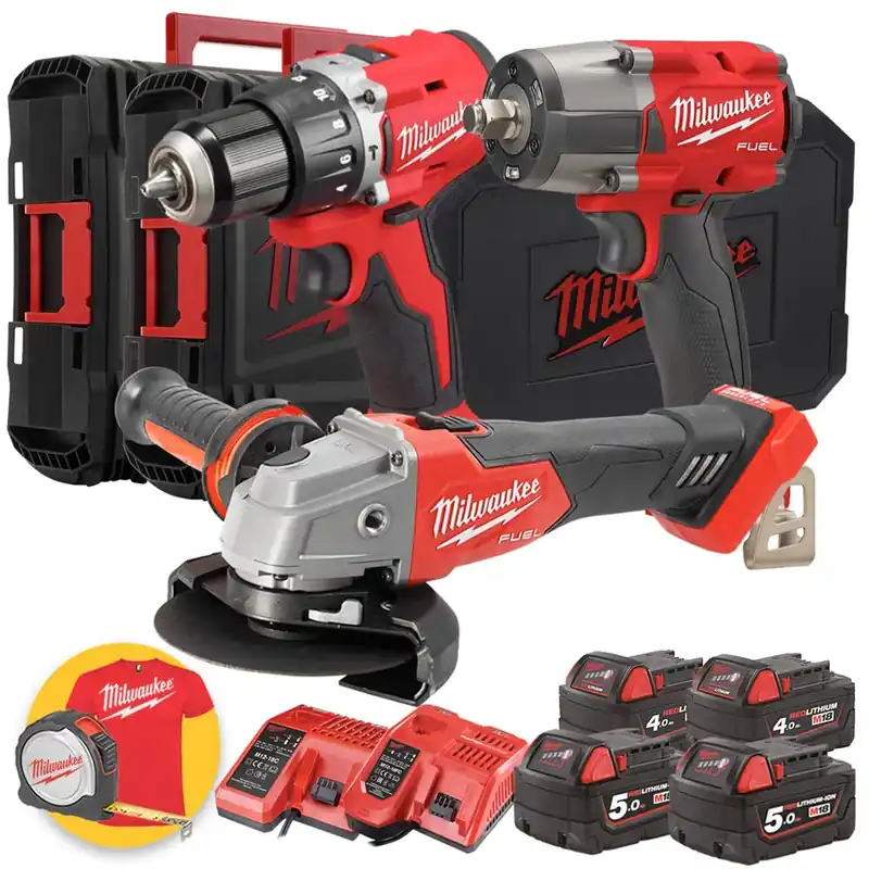 Kit utensili Milwaukee a batteria 18V - Trapano avvitatore, Avvitatore ad impulsi, Smerigliatrice, 2 batterie 5Ah + 2 batterie 4Ah, 3 Valigette Economico
