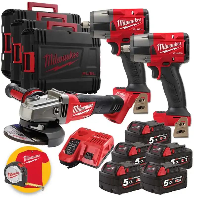 Kit utensili Milwaukee a batteria 18V - 2 Avvitatori ad impulsi, Smerigliatrice, 5 batterie 5Ah, 3 Valigette Nuovo Arrivo