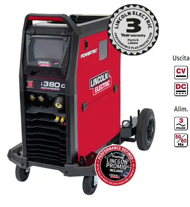 Lincoln K14288-2 POWERTEC I380C Pack Aria Inverter saldatrice 400V, 380Ah con torcia e cavo massa Vendita Finale