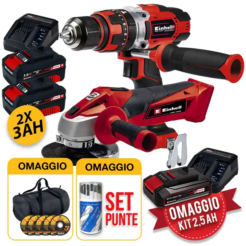 Einhell Kit utensili a batteria 18V - Trapano con percussione, smerigiatrice 2 X 3AH + 1 X 2,5 AH Di Tendenza