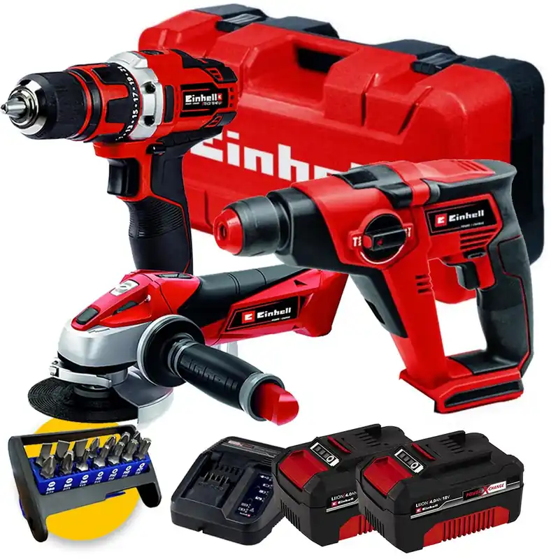 Einhell Kit utensili a batteria 18V - Trapano, tassellatore, smerigliatrice - 2 X 4AH Ordina Subito