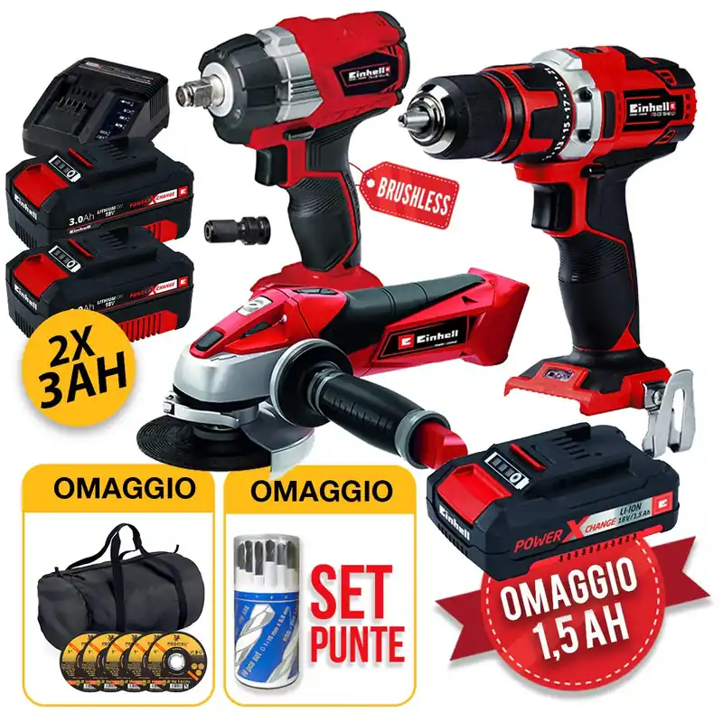Einhell Kit utensili a batteria 18V - Trapano, avvitatore ad impulsi, smerigliatrice 2 X 4AH + 1 X 2,5 AH Direttamente Dal Produttore