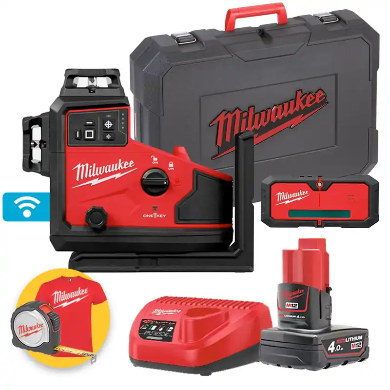 Milwaukee M12 A3PLO-401C - Livella laser a batteria 12V a 3 linee 360° verde - 1 x 4Ah Esclusivo