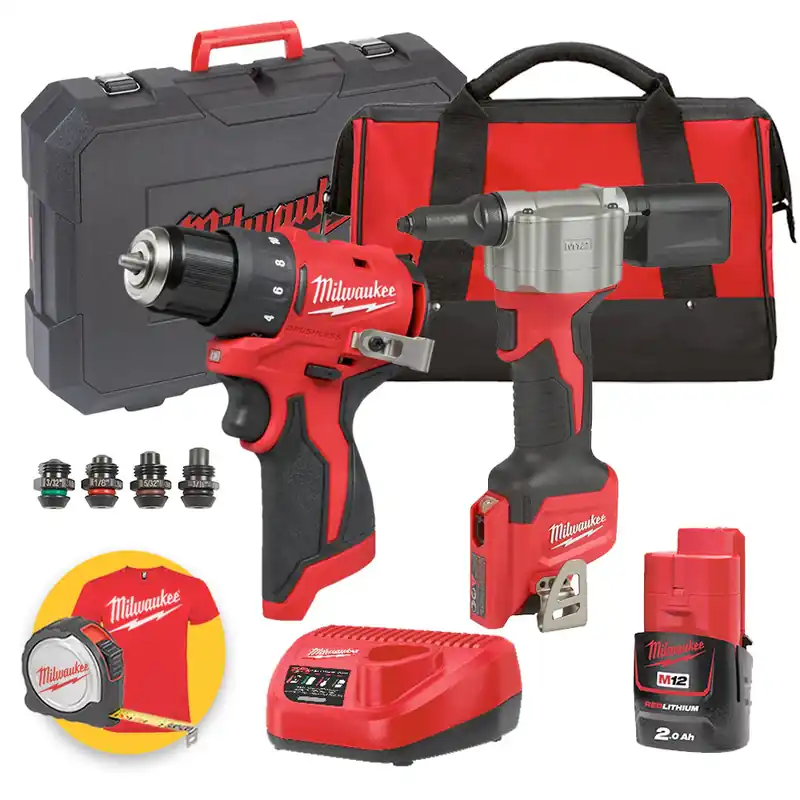 Esclusivo Milwaukee Kit utensili 12V - M12 BLDDRC Trapano avvitatore 12V - M12 BPRT Rivettatrice, 1 x 2Ah