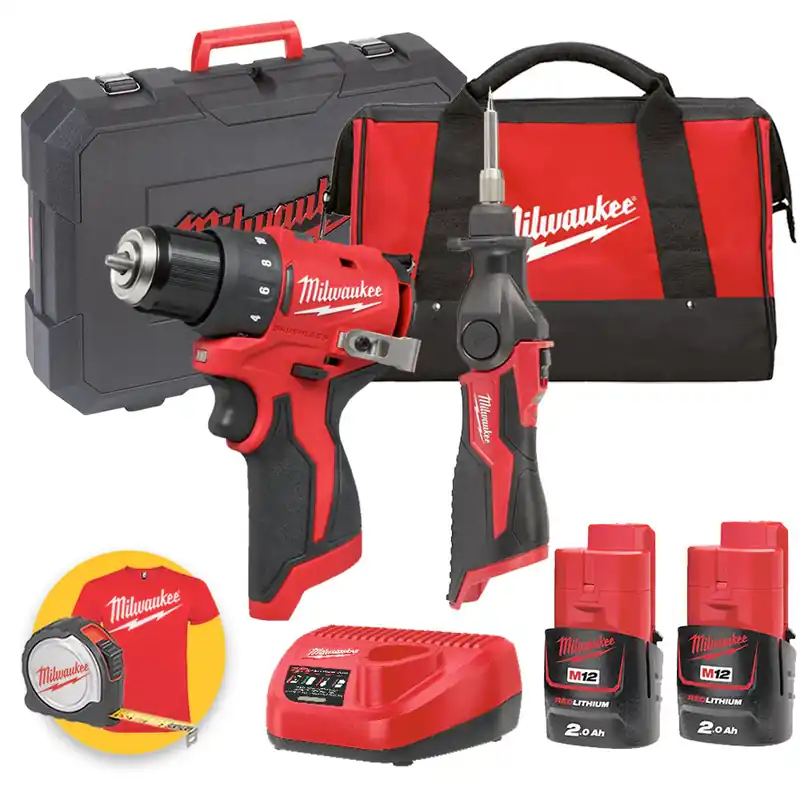 Milwaukee Kit utensili 12V - M12 BLDDRC Trapano avvitatore 12V - M12 SI Saldatore, 2 x 2 Ah Esclusivo