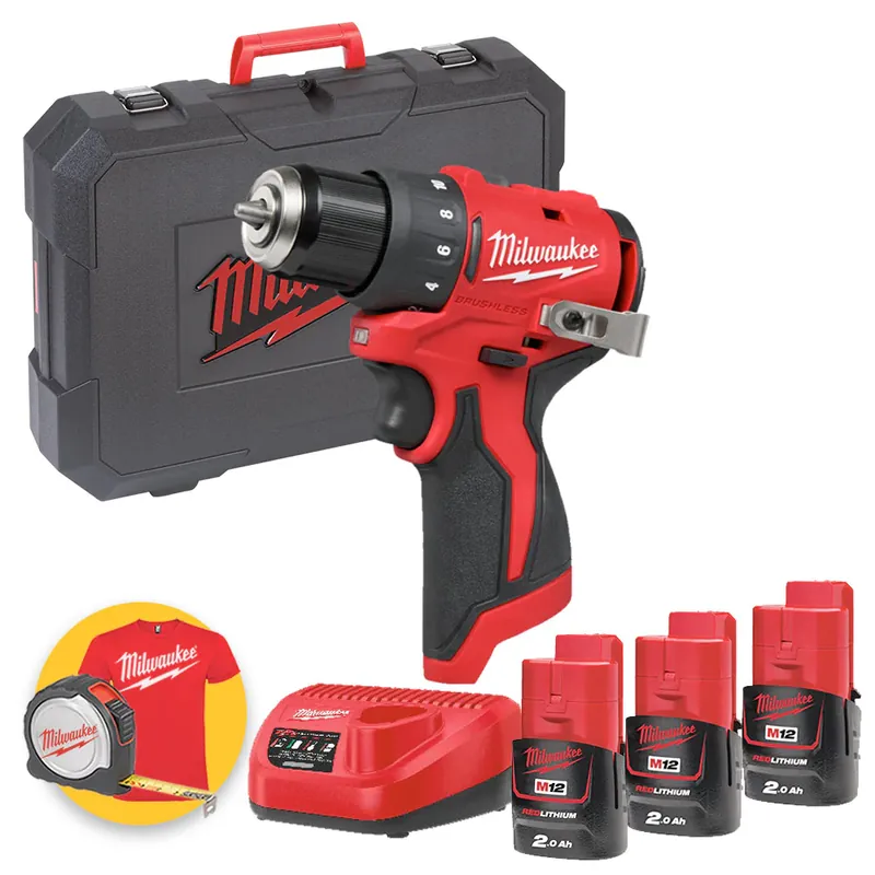Più Venduto Milwaukee M12 BLDDRC-203C - Trapano avvitatore a batteria 12V - 3 batterie da 2Ah