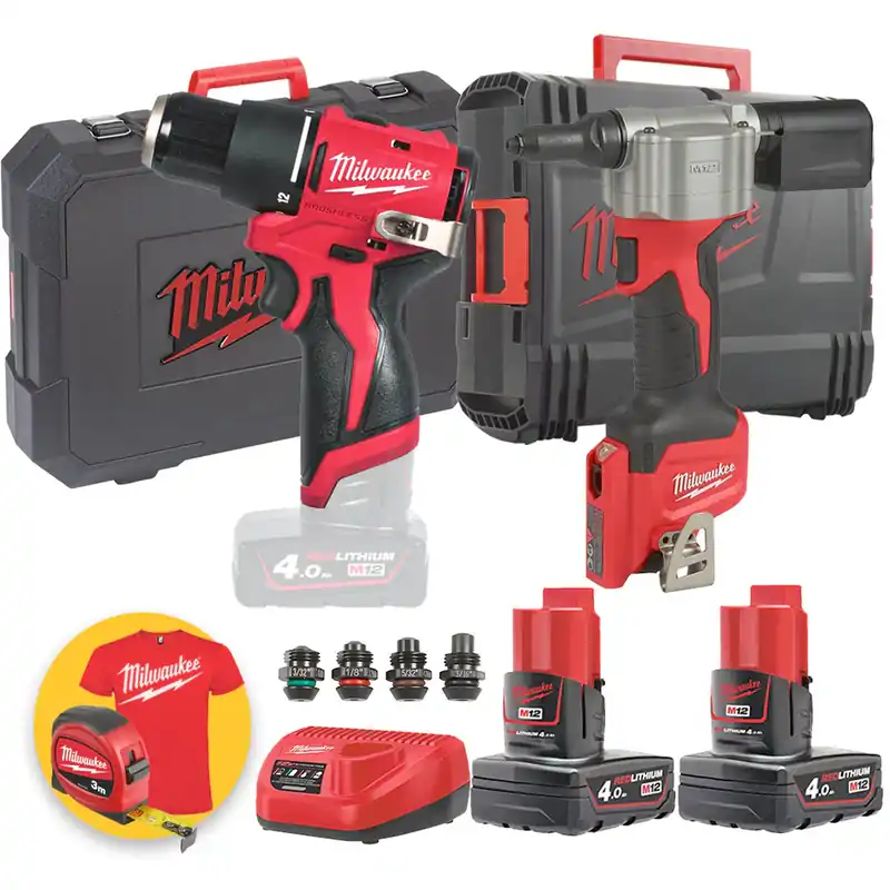 Milwaukee kit utensili 12V - Trapano avvitatore M12 BLPDRC + Rivettatrice a batteria M12 BPRT - 2 x 4Ah Non Perdere
