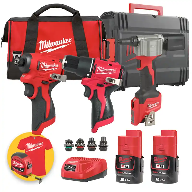Miglior Prezzo Milwaukee M12 BLPP2D-BPRT kit 12V - BLDDRC Trapano avvitatore + BLIDRC Avvitatore ad impulsi + BPRT Rivettatrice