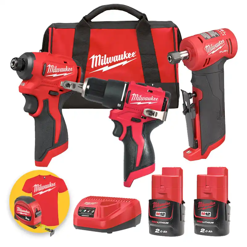 Milwaukee Kit a batteria M12 - BLDDRC Trapano avvitatore + BLIDRC Avvitatore ad impulsi + FDGA Mini smerigliatrice angolare Soddisfatti O Rimborsati