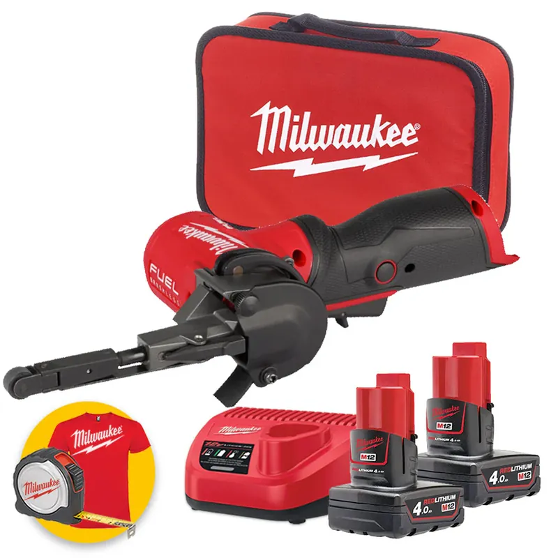 Milwaukee M12 FBFL10-402B - Levigatrice a nastro a batteria 12V - nastro da 10mm - 2 X 4Ah Quantità Limitata
