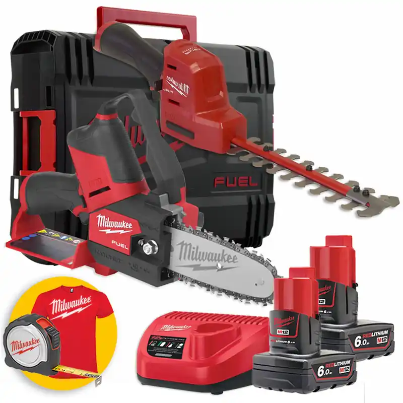 Milwaukee kit utensili per giardinaggio M12 - FHT20 Tagliasiepi compatto + FHS Seghetto da potatura a catena Ultime Pezzi