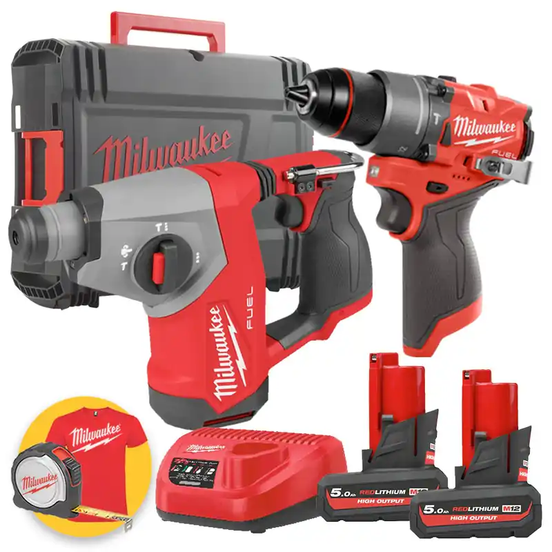 Esclusivo Milwaukee M12 FPP2BG2-502X - M12 FPD2 Trapano avvitatore + M12 FHAC16 Tassellatore SDS - 2 x 5 Ah alta potenza