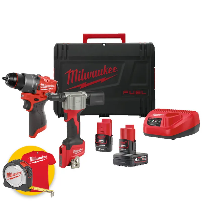 Milwaukee M12 FPP2D2-422X - Kit utensili a batteria 12V - Trapano a percussione M12 FPD2 + Rivettatrice M12 BPRT Ultime Pezzi
