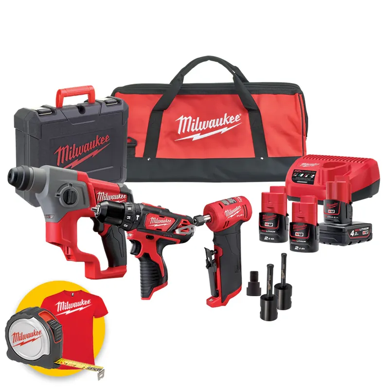 Milwaukee M12 FPP3B-423B - Kit 12V - Tassellatore M12 BPD + Trapano M12 BPD + Smerigliatrice M12 FDGA Scelto Dai Clienti