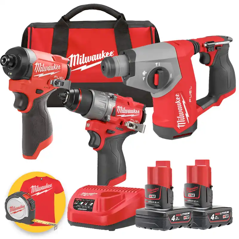 Milwaukee M12 FPP3H-402B - Trapano M12 FPD2 + Avvitatore M12 FID2 + Tassellatore M12 FHAC16 - 2 Batterie 12V 4 Ah Esclusivo