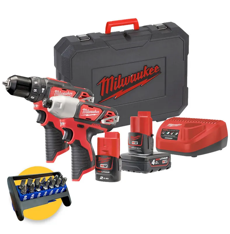 Milwaukee M12 BPP2B-421C - Kit 12V Trapano avvitatore a percussione e avvitatore ad impulsi Super Prezzo