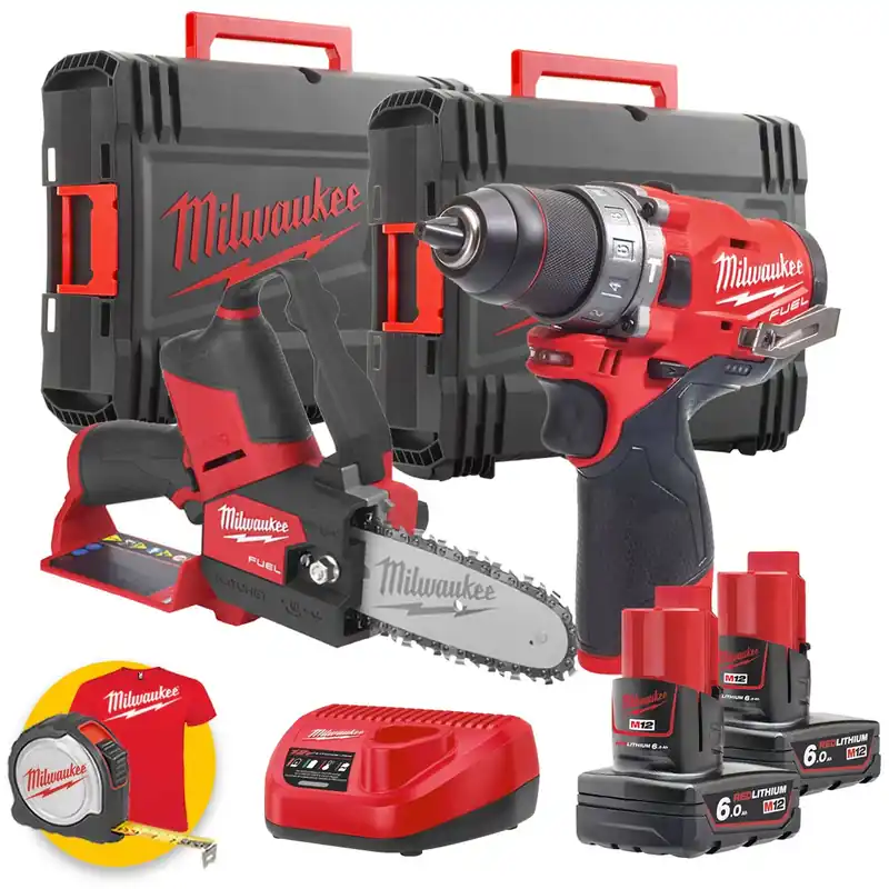 Milwaukee kit utensili a batteria M12 Fuel - FPD Trapano avvitatore a batteria + FHS Seghetto da potatura a catena Direttamente Dal Produttore