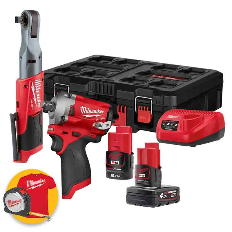 Milwaukee M12 FPP2AV-422P - Kit utensili a batteria Fuel, Avvitatore ad impulsi 1/2", Cricchetto compatto, 2 batterie in valigetta Packout Professionale