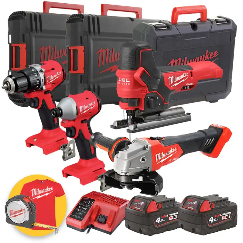 Non Perdere Milwaukee M18 BLCP3A-402C - Kit utensili a batteria 18V Trapano + Avvitatore a impulsi + Seghetto + Smerigliatrice - 2 x 4Ah