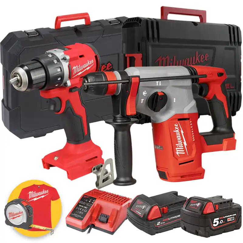 Spedizione Espresso Milwaukee set 18V - M18 BLDDRC Trapano avvitatore a batteria + M18 BLHX Tassellatore SDS - 1 x 2Ah + 1 x 5Ah