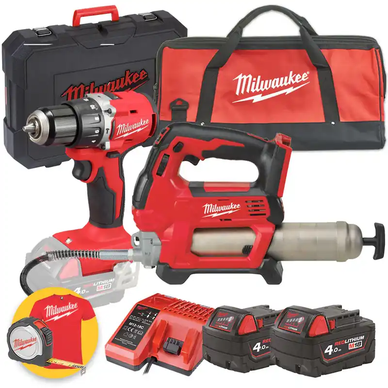 Offerta Lampo Milwaukee Kit a batteria 18V - M18 BLPDRC Trapano a percussione - M18 GG Pistola per grasso - 2 x 4Ah