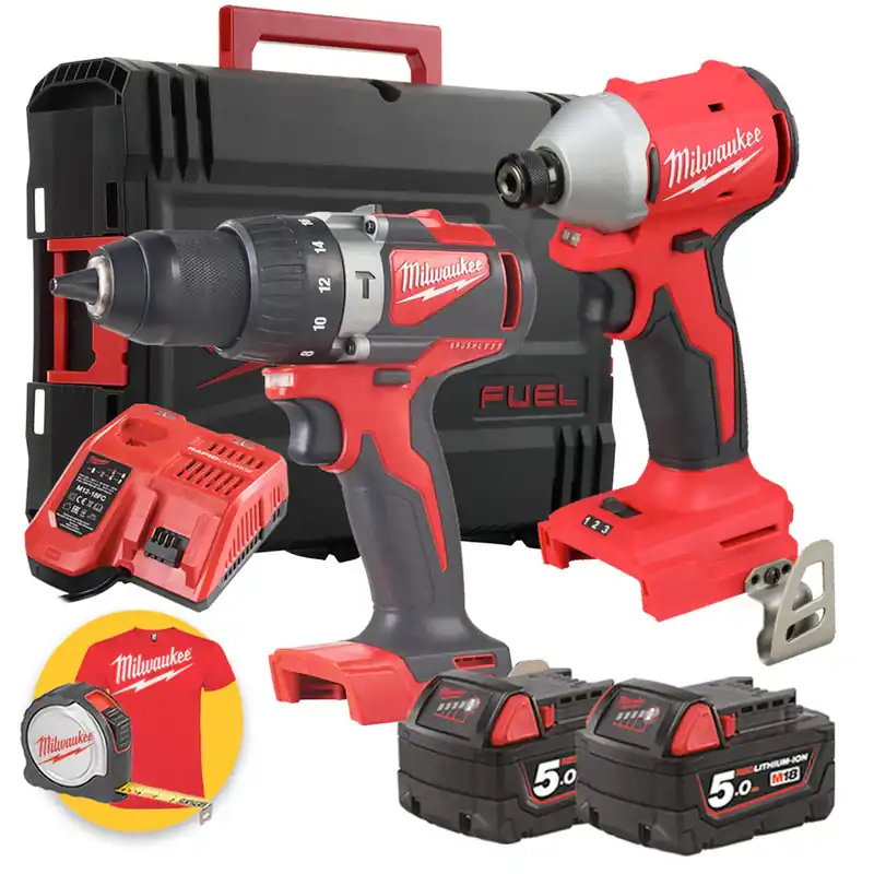 Prezzo Conveniente Milwaukee M18 BLPP2A3-502X - Kit 18V trapano a percussione M18 BLPD2 + Avvitatore a impulsi da 1/4" M18 BLIDR