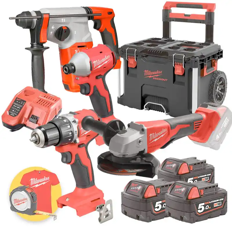 Consegna Rapida Milwaukee M18 BLPP4-503 - M18 BLPDRC Trapano + M18 BLH Tassellatore + BLSAG125XPD smerigliatrice + M18 BLIDRC Avvitatore a impulsi
