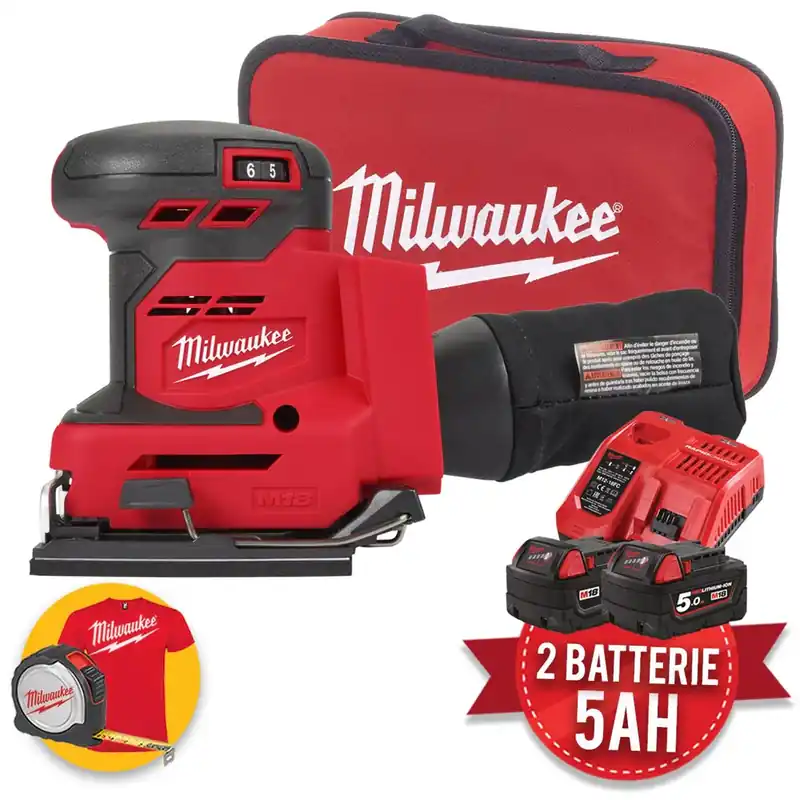 Occasione Imperdibile Milwaukee M18 BQSS-502B - Levigatrice quadrata 1/4" di foglio - 2 x 5Ah in valigetta