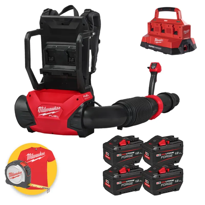 Prezzo Conveniente Milwaukee M18 F2BPB-124 - Soffiatore soffiafoglie spalleggiato a doppia batteria con 4 x 18V 12Ah Forge