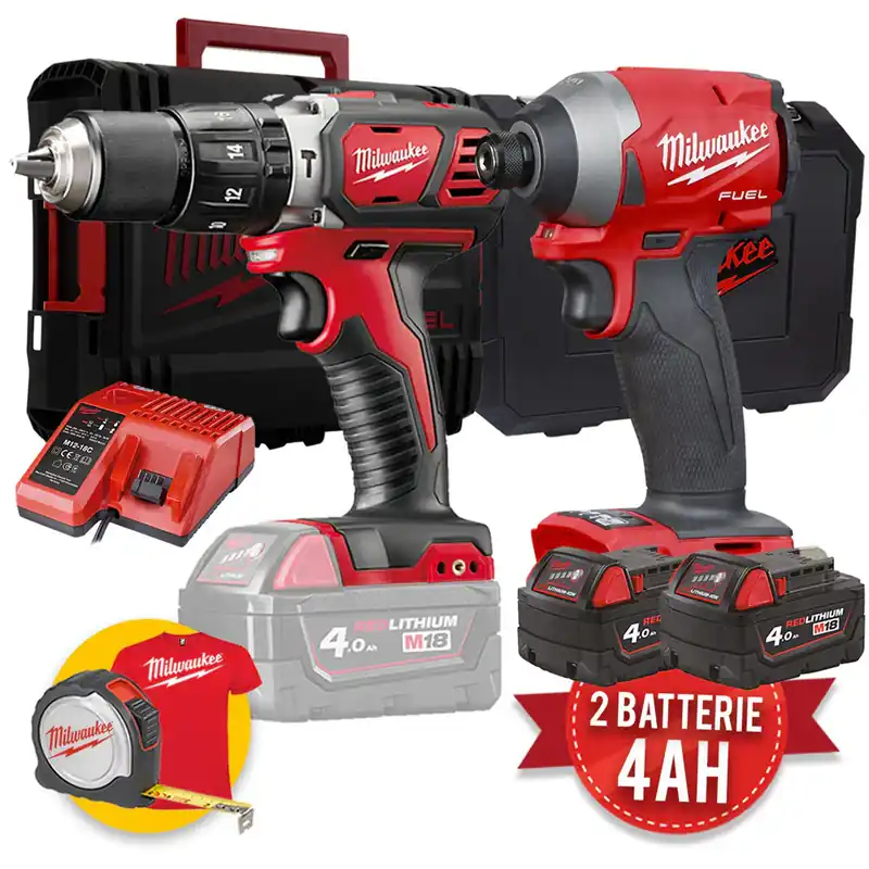 Milwaukee kit utensili a batteria 18V - M18 FID2 Avvitatore ad impulsi Fuel da 1/4" - M18 BPD Trapano con percussione - 2 x 4Ah Saldi