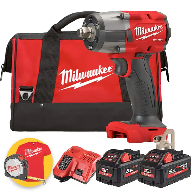 Milwaukee M18 FMTIW2F12-552B - Avvitatore ad impulsi a batteria 18V Fuel, 1/2" - 2 x 5,5Ah ALTA POTENZA Prezzo Conveniente