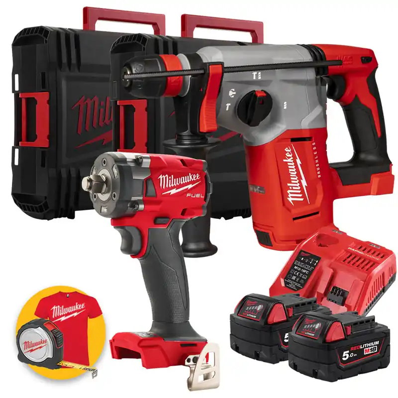 Nuovo Arrivo Milwaukee M18 FPP2AJ2-502X - Tassellatore SDS-Plus BLHX + Avvitatore a impulsi 1/2" FIW2F12