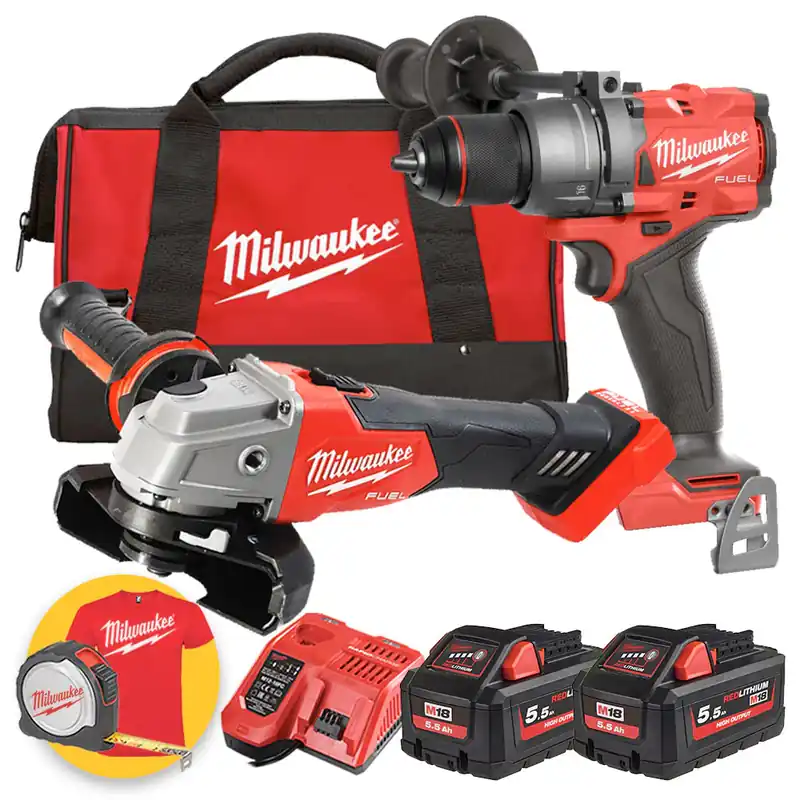 Milwaukee M18 FPP2E3-552B - M18 FPD3 Trapano a percussione + M18 FSAG125X Smerigliatrice angolare - 2 x 5,5Ah Spedito Oggi