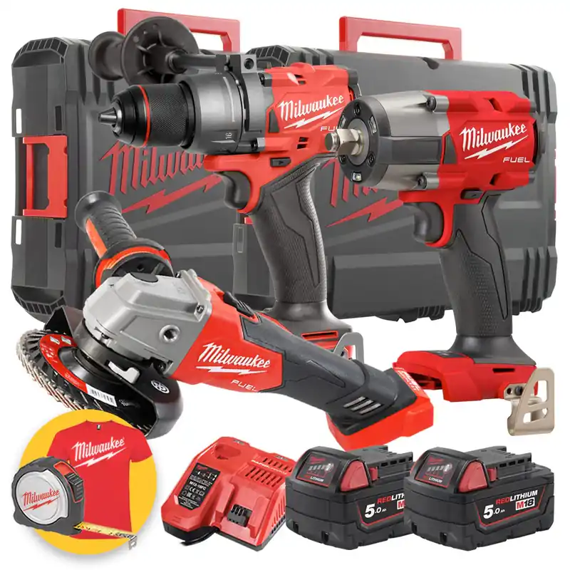 Milwaukee kit utensili 18V - M18 FPD3 Trapano a percussione + M18 FSAG125X Smerigliatrice + M18 FMTIW2F12 Avvitatore Prezzo Scontato