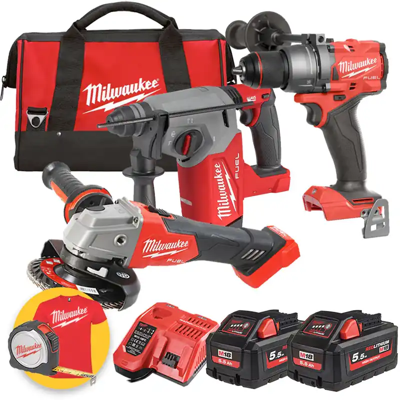 Offerta Speciale Milwaukee M18 FPP2F3-552B - M18 FPD3 Trapano a percussione + M18 FSAG125X Smerigliatrice angolare + M18 FH Tassellatore