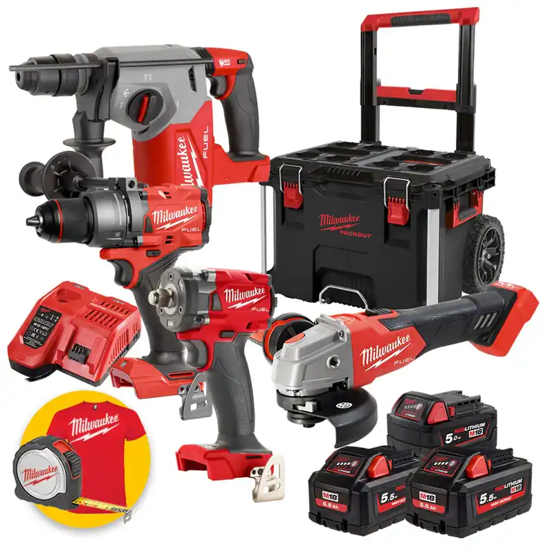 Miglior Prezzo Milwaukee M18 FPP4C-555T - Kit a batteria 18V Fuel - Trapano, Smerigliatrice, Tassellatore, Avvitatore impulsi