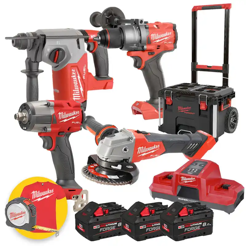Prezzo Basso Milwaukee M18 FPP4HF-803P - Kit utensili 18V FORGE Trolley - Trapano, Avvitatore a impulsi, Tassellatore, Smerigliatrice - 3 x 8Ah