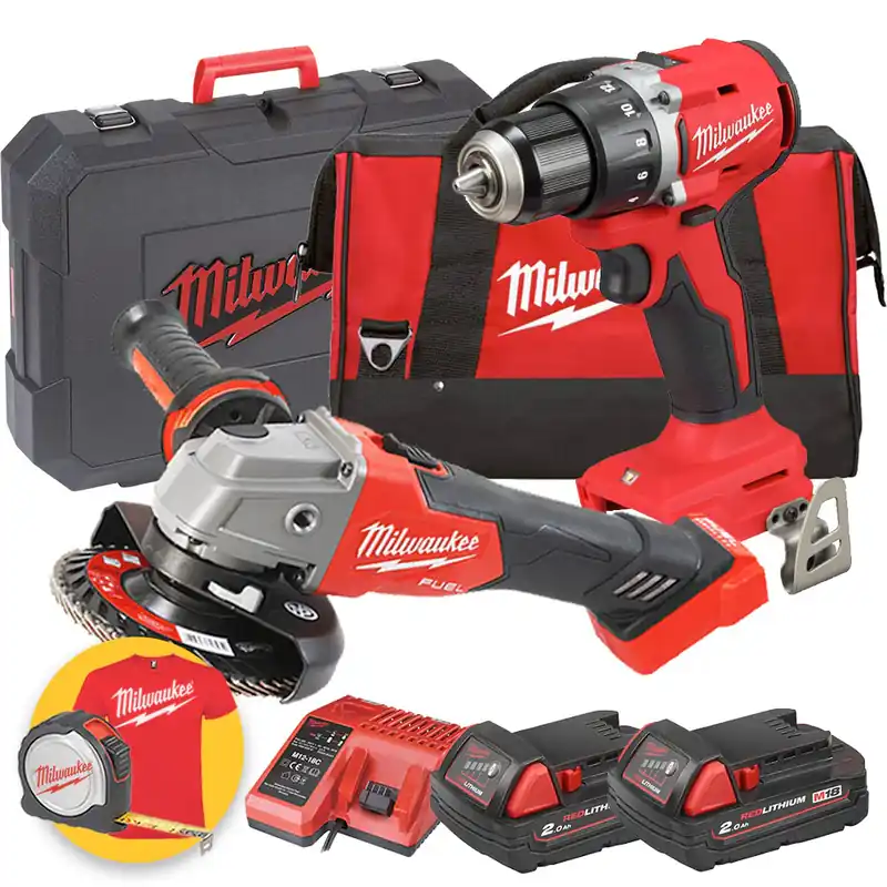 Milwaukee kit utensili 18V - M18 BLDDRC Trapano avvitatore a batteria + M18 FSAG125X Smerigliatrice angolare - 2 x 2Ah Nuovo Arrivo