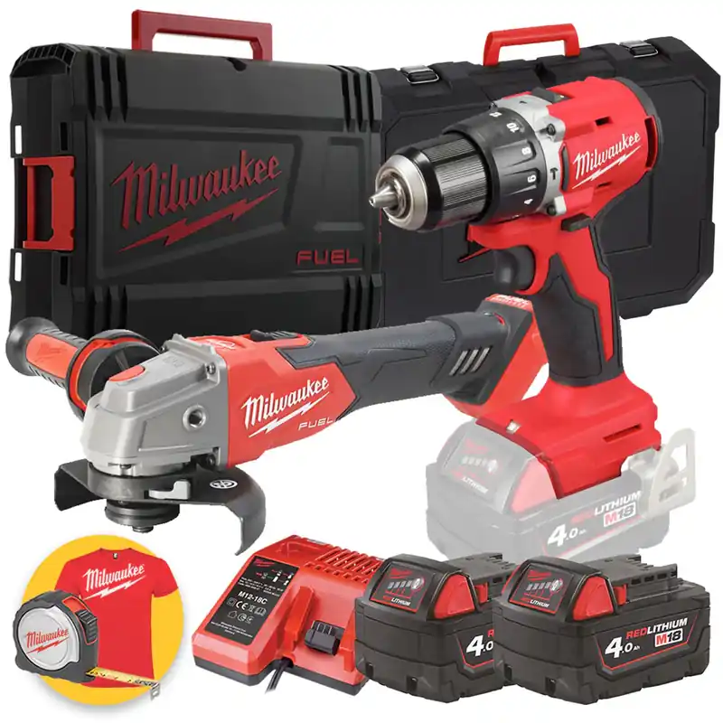 Ultime Pezzi Milwaukee kit 18V - Smerigliatrice a batteria M18, con FRENO e VELOCITA‘ REGOLABILE + Trapano a percussione