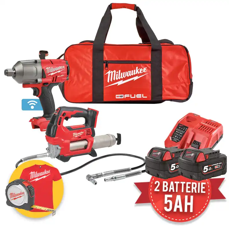 Milwaukee M18 ONEPP2Q-502B - Avvitatore a impulsi M18 ONEFHIWF34 + Pistola per grasso M18 GG Offerta Limitata