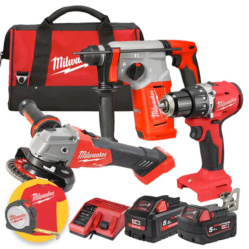 Kit Milwaukee 18V M18 PP3A-552 - FSAG125X Smerigliatrice - Tassellatore BLH - Trapano a percussione BLPDRC - 1 x 5Ah + 1 x 5,5 Ah Esclusivo
