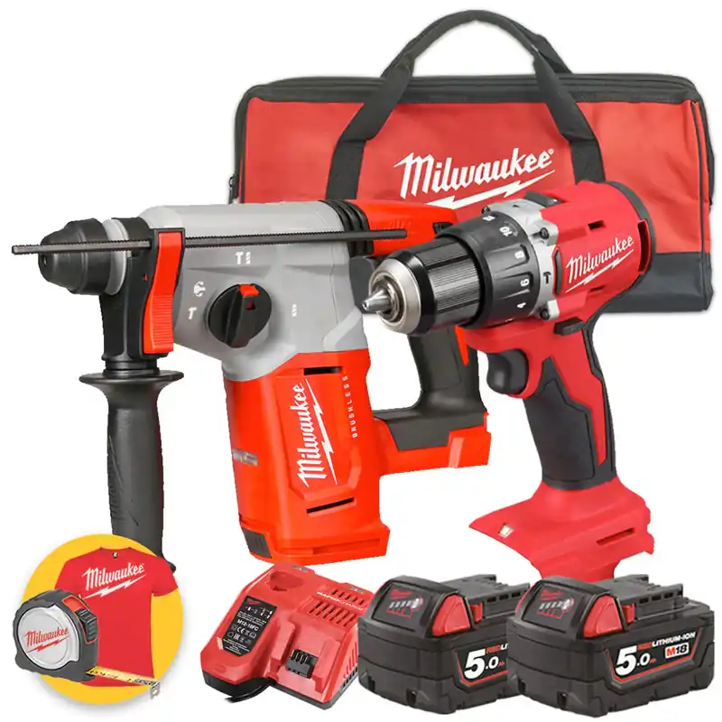 Solo Oggi Kit Milwaukee utensili 18V - Trapano a percussione M18 BLPDRC - Tassellatore M18 BLH - 2 X 5Ah