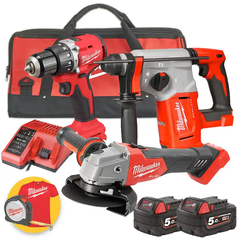 Kit Milwaukee 18V M18 PPA3-502 - M18 BLPDRC trapano a percussione - M18 FSAG125X Smerigliatrice - Tassellatore M18 BLH Occasione Imperdibile