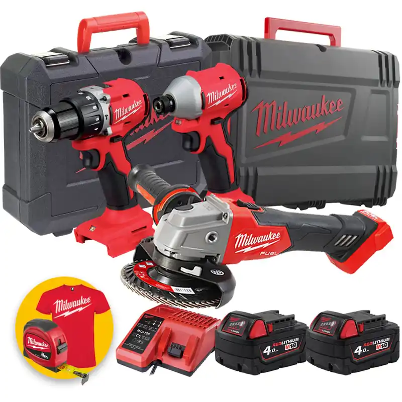 Saldi Milwaukee Kit elettroutensili M18 - Trapano, Smerigliatrice, Avvitatore a impulsi, 2 x 4Ah