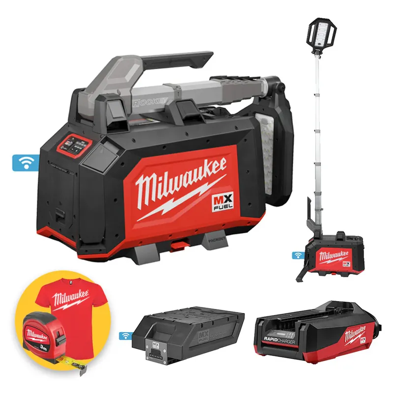 Professionale Milwaukee MXF TLIC-601 - Torre faro compatta MX FUEL Packout Batteria/Corrente - 1 batteria MXF 6Ah