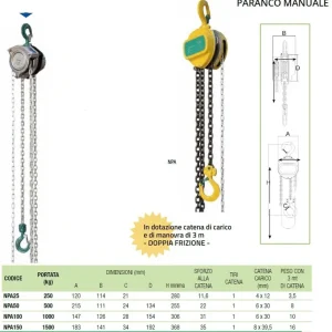 Novamach NPA200 paranco catena manuale portata 2000 kg , catena 12 metri di tiro , 3 metri catena manovra Acquista Ora