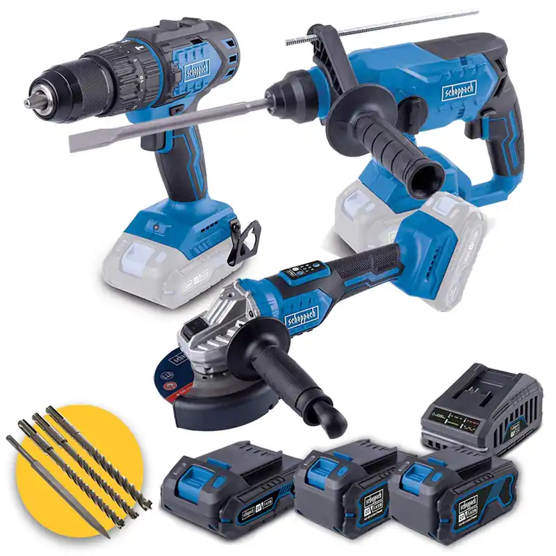 Compra Adesso Scheppach set 3 elettroutensili a batteria 20V ixes - Tassellatore, Smerigliatrice, Trapano - 3 batterie