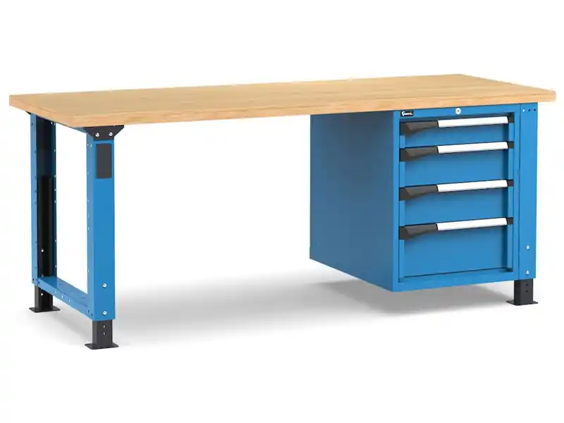 Consegna Rapida Banco da lavoro regolabile Fami Master 200cm blu con piano in legno e armadio a 4 cassetti