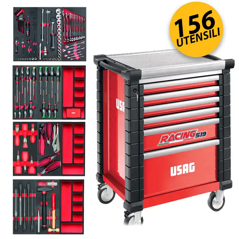 Reso Gratuito USAG U05190628 - 519 RS6/3MM - Carrello porta attrezzi per officina linea RACING completo di 156 utensili