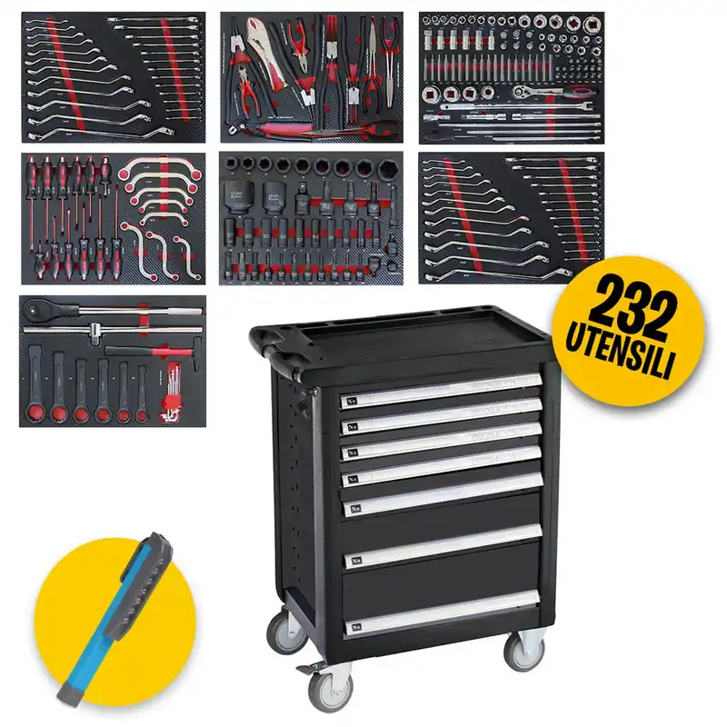 Promo Stagionale Marco Tools 05.088.155 - Carrello 7 cassetti con 232 utensili su supporto morbido in EVA
